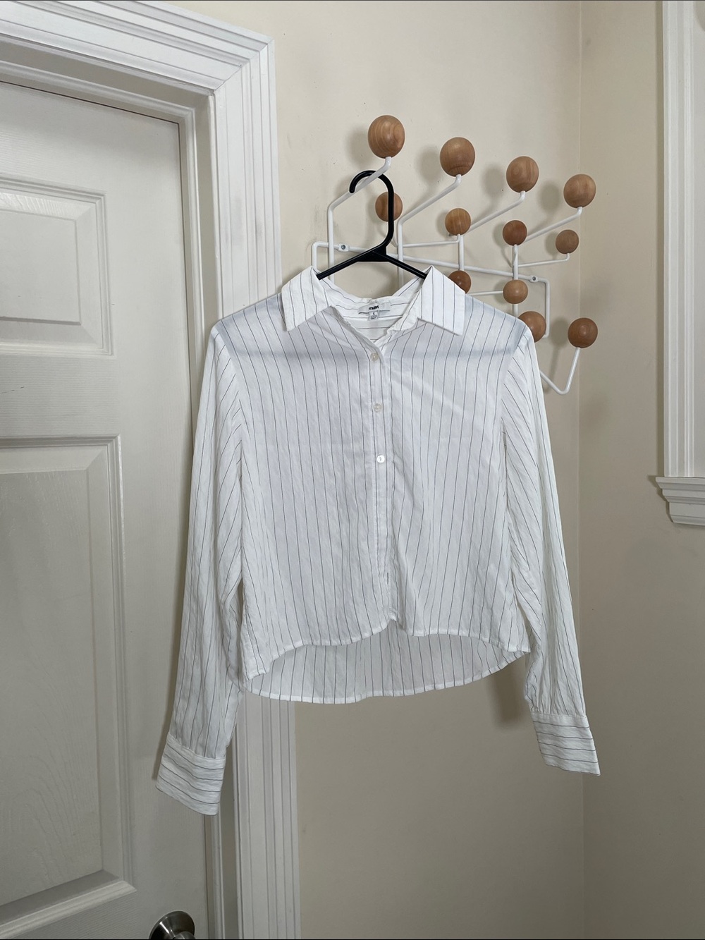 Mavi Cropped Long Sleeve Button Down Pinstripes White Shirt S
